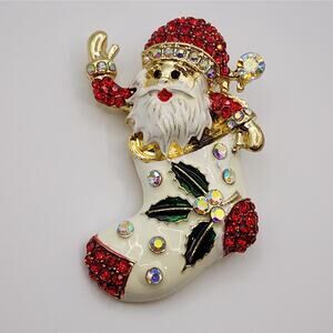 Santa Claus Christmas Stocking Brooch Enamel and Rhinestones